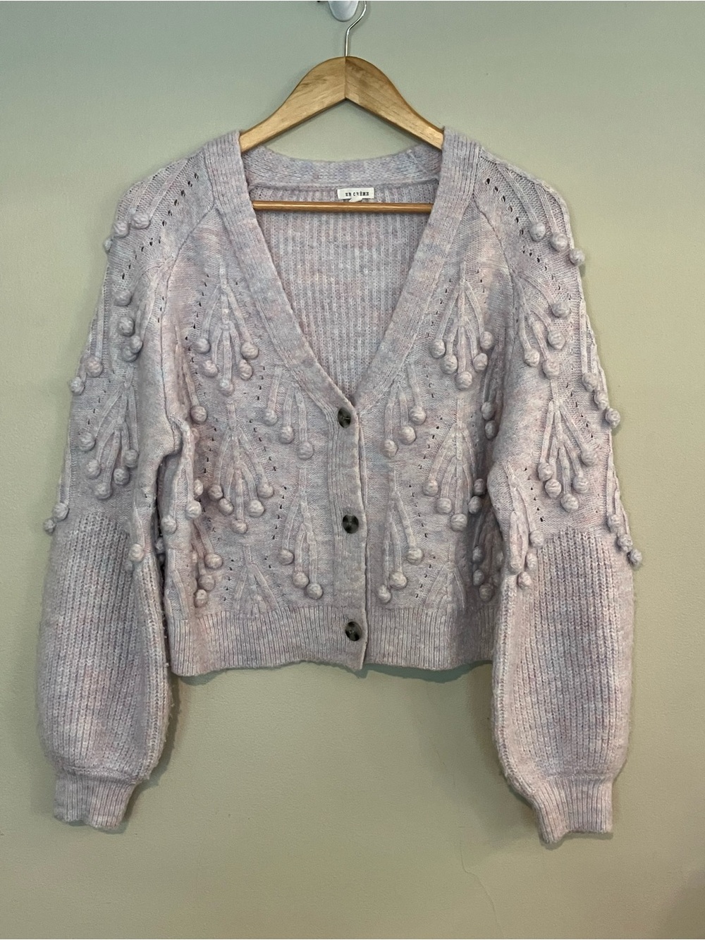 En Creme Pom Pom Button Up Cardigan Sweater